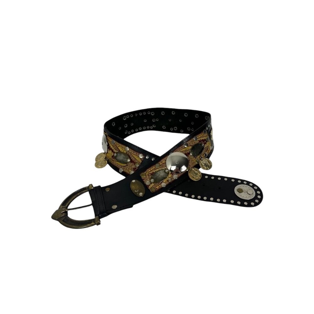 Leather Studded Curved Belt Brown Gold Coin Western Bohemian Hippie Chic Size 30